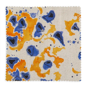 Inky linen by Bethie Tricks in blue and orange, full repeat of inky blots