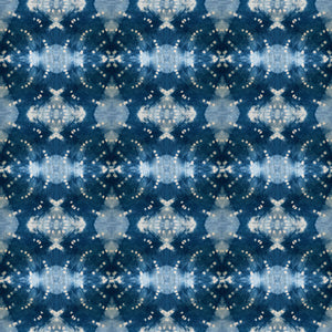 Indigo Itajime wallpaper by Tatie Lou in blue, pattern sample of itajime shibori folds