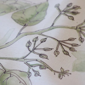 Wrens in the Ivy linen by Seed Home Designs in cream and green, draped, showing wrens among ivy (second view)