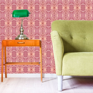Lumiere wallpaper by Tatie Lou in pink, an Art Deco medallion in a living room