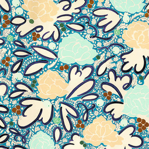 Jade linen by Claire de Quénetain in blue, full repeat of a hand-painted floral design