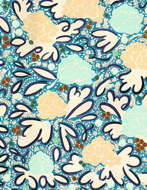 Jade linen by Claire de Quénetain in blue, full repeat of a hand-painted floral design