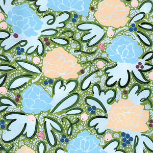 Jade linen by Claire de Quénetain in green, flat sample of a hand-painted floral design