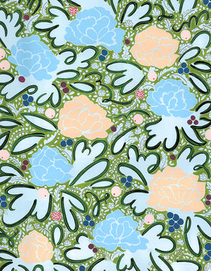 Jade linen by Claire de Quénetain in green, flat sample of a hand-painted floral design