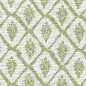 Jaipur linen by Annika Reed in green, in soft folds showing block-print medallions