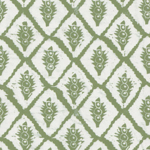 Jaipur velvet by Annika Reed in green, pattern sample of block-print medallions
