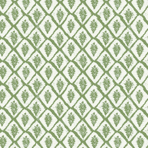 Jaipur wallpaper by Annika Reed in green, flat sample of block-print medallions