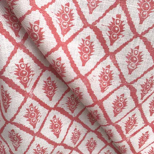 Jaipur linen by Annika Reed in red, draped close-up of block-print medallions