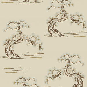 Japanese Tree velvet by Dami and Em Design in beige, full repeat of a Japanese pine tree