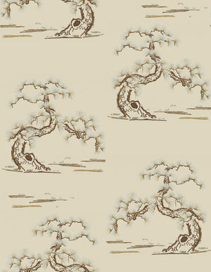 Japanese Tree velvet by Dami and Em Design in beige, full repeat of a Japanese pine tree