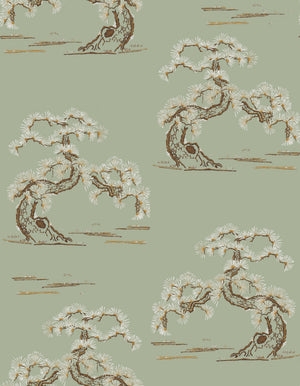 Japanese Tree velvet by Dami and Em Design in sage green, flat sample of a Japanese pine tree
