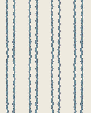 Jester Lines wallpaper by Annika Reed in blue, full repeat of wavy jester lines