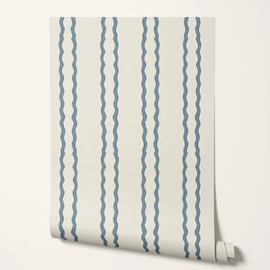 Jester Lines wallpaper by Annika Reed in blue, roll showing wavy jester lines