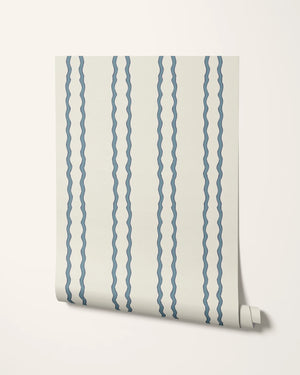Jester Lines wallpaper by Annika Reed in blue, roll showing wavy jester lines