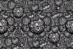 Jewelled Orchard wallpaper by Dami and Em Design in black and white, partly unrolled roll showing