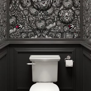Jewelled Orchard wallpaper by Dami and Em Design in black and white, a jewelled ornamental pattern in a bathroom
