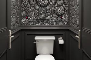 Jewelled Orchard wallpaper by Dami and Em Design in black and white, a jewelled ornamental pattern in a bathroom