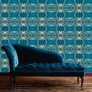 Lumiere wallpaper by Tatie Lou in teal, an Art Deco medallion in a living room