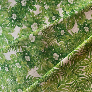 Jungle linen by Bethie Tricks in green, draped, showing jungle leaves