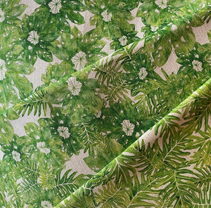 Jungle linen by Bethie Tricks in green, draped, showing jungle leaves