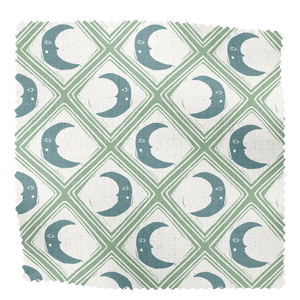 Kit Moon linen by Annika Reed in blue and green, full repeat of crescent moons in a lattice