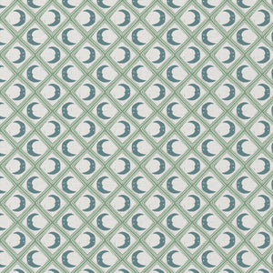 Kit Moon linen by Annika Reed in blue and green, flat sample of crescent moons in a lattice
