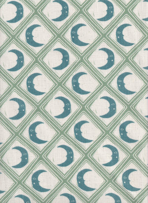 Kit Moon linen by Annika Reed in blue and green, full repeat of crescent moons in a lattice (alternate view)