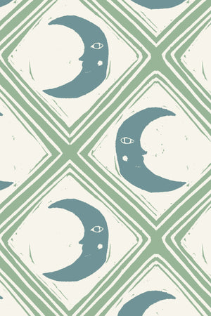 Kit Moon linen by Annika Reed in blue and green, flat sample of crescent moons in a lattice (alternate view)