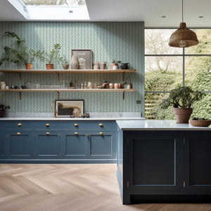 Kit Moon wallpaper by Annika Reed in blue and green, crescent moons in a lattice in a kitchen