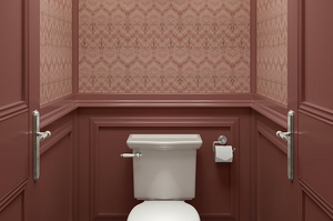 Lace wallpaper by Dami and Em Design in pink, a lace pattern in a bathroom
