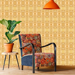 Lumiere wallpaper by Tatie Lou in yellow, an Art Deco medallion on a living room wall