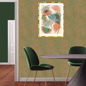 Leopard wallpaper by Tatie Lou in gold, a leopard-spot print in a dining area