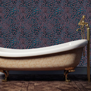 Leopard wallpaper by Tatie Lou in burgundy, a leopard-spot print in a bathroom