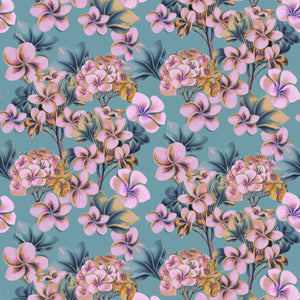 Les Fleurs wallpaper by Tatie Lou in blue and pink, full repeat of dense painterly flowers