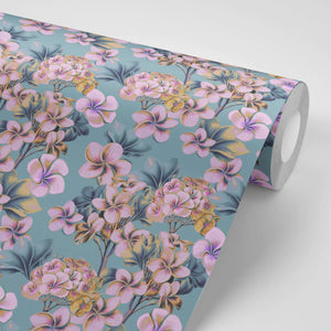 Les Fleurs wallpaper by Tatie Lou in blue and pink, pattern sample of dense painterly flowers