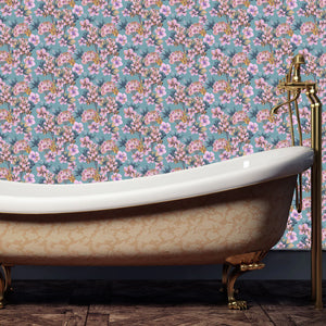 Les Fleurs wallpaper by Tatie Lou in blue and pink, dense painterly flowers in a bathroom