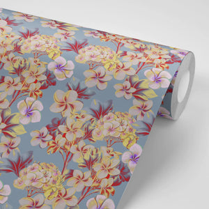 Les Fleurs wallpaper by Tatie Lou in pale blue, flat sample of dense painterly flowers