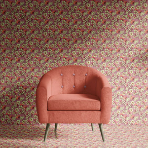 Les Fleurs wallpaper by Tatie Lou in pink and yellow, dense painterly flowers in a living room