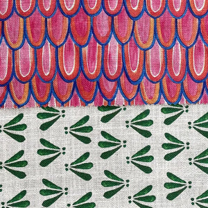 Lilo linen by Bethie Tricks in pink and red, full repeat of scalloped stripes