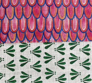 Lilo linen by Bethie Tricks in pink and red, full repeat of scalloped stripes