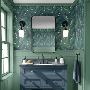 Lily of the Valley wallpaper by Annika Reed in blue and green, lily of the valley in a bathroom