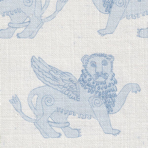 Winged Lion linen by Annika Reed in blue, detail of winged lions