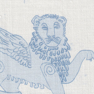 Winged Lion linen by Annika Reed in blue, close view of winged lions