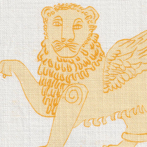 Winged Lion linen by Annika Reed in mustard, close-up of winged lions