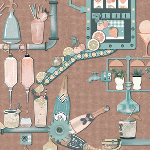 Liquid Lab wallpaper by Brand McKenzie in peach, close-up of bottles and laboratory glassware