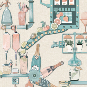 Liquid Lab wallpaper by Brand McKenzie in cream, close view of bottles and laboratory glassware