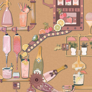 Liquid Lab wallpaper by Brand McKenzie in peach, detail of bottles and laboratory glassware