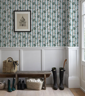 Little Fiorita Stripe wallpaper by Deus ex Gardenia in teal and white, floral vine stripes in a hallway