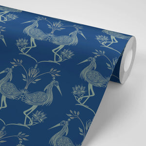 Lotus wallpaper by Tatie Lou in blue, roll showing lotus birds