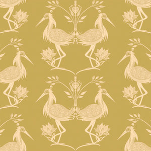 Lotus wallpaper by Tatie Lou in yellow, pattern sample of lotus birds